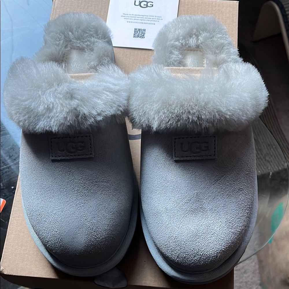 UGG Gray Plush Fur-Trimmed Slippers